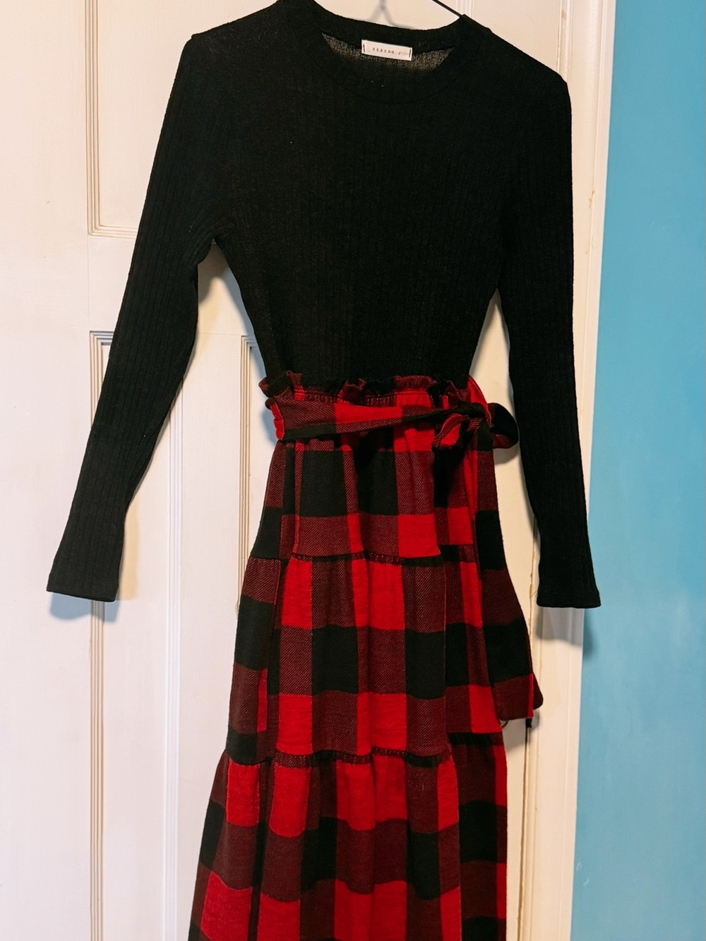 Black Knit with Red Buffalo Plaid Midi Skirt Dress